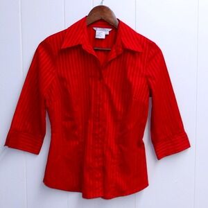 Fred David Petite Red Striped Button Down Shirt Career Wear Blouse Sz PS / #6340